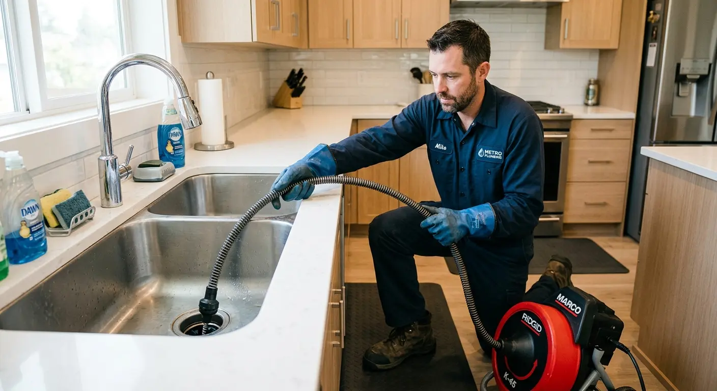 Drain cleaning technician using a motorized snake on a kitchen sink in Peachtree Corners