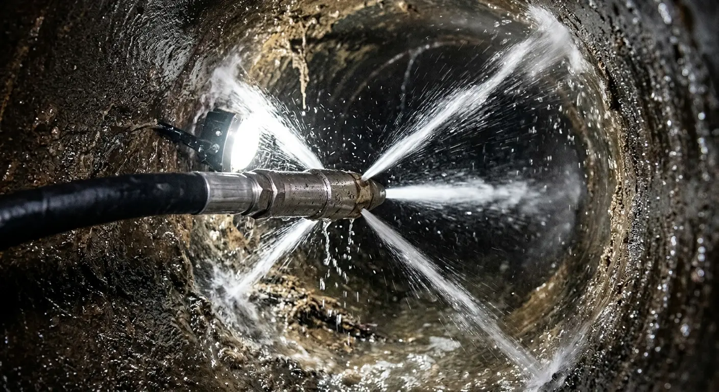 High-pressure hydro jetting nozzle cleaning sewer pipe for Emergency Drain Service in Peachtree Corners