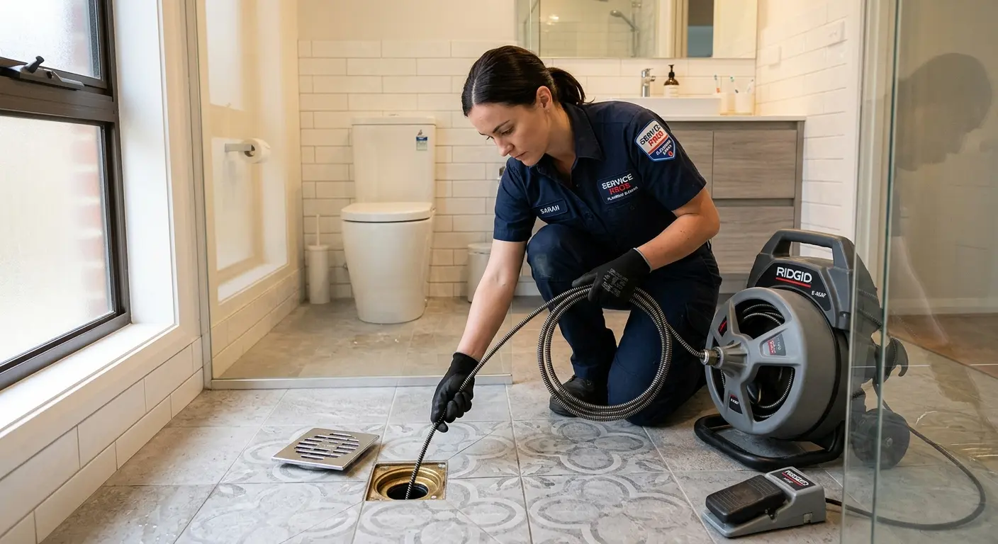 Technician clearing a bathroom floor drain for Clogged Drain Repair in Peachtree Corners